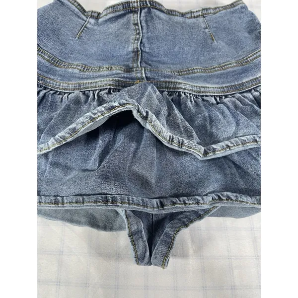 Denim Tiered Ruffled Skort High Waist Shorts Mini Skirt Medium Wash - Size XS - Image 2