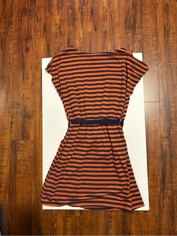 Striped Orange and Navy Belted Casual Dress - Image 2