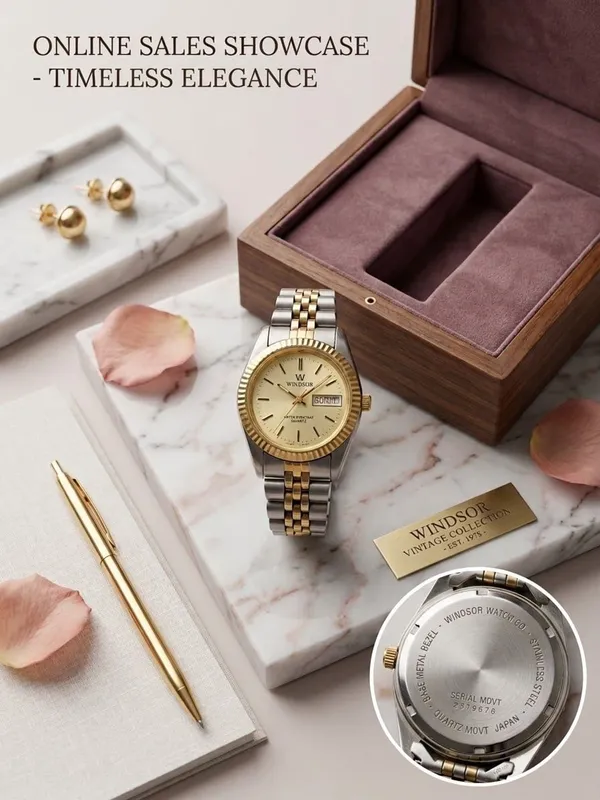 Windsor Vintage Two Tone Fluted Bezel Day Date Quartz Watch - Image 2