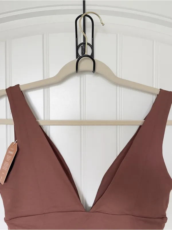 Reoria Medium Mocha Brown Plunge‎ Neckine Minimalist Bodysuit Capsule Wardrobe - Image 4