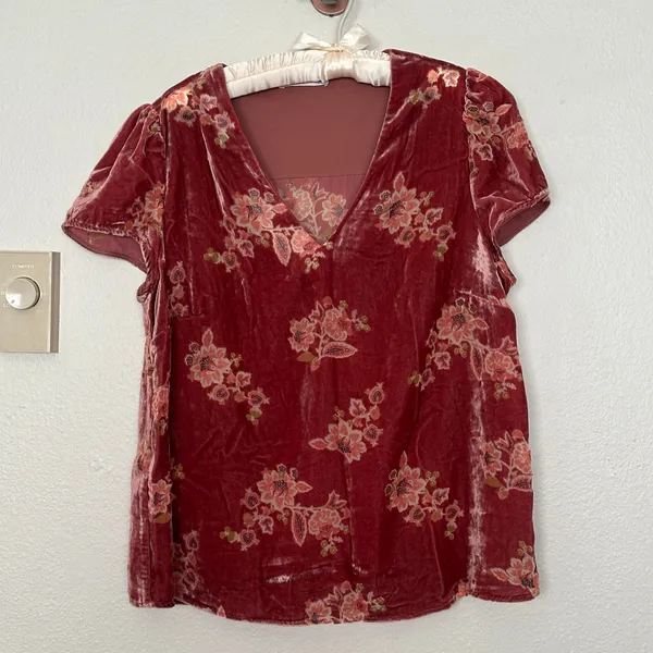 Velvet Burnout Salmon Rose Pink Floral V Neck Blouse Tshirt Top Tee Boho Fairy - Image 3