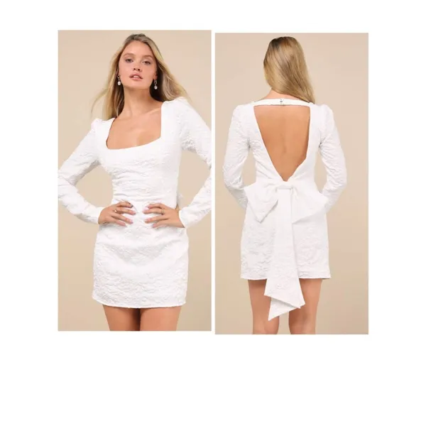 Lulus Elevated Icon White Jacquard Long Sleeve Bow Mini Dress Size Medium Bridal - Image 2