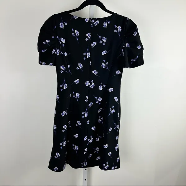 Club Monaco Floral Puff‎ Sleeve V-Neck Mini Dress Black Blue Size 2 - Image 3