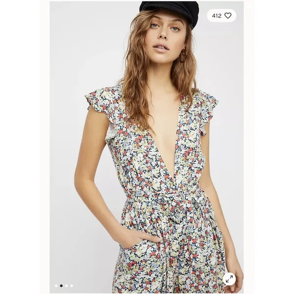 Free People Jumpsuit Womens XS Multicolor Floral Flutter‎ Sleeve Boho Jumpsuit - Image 6