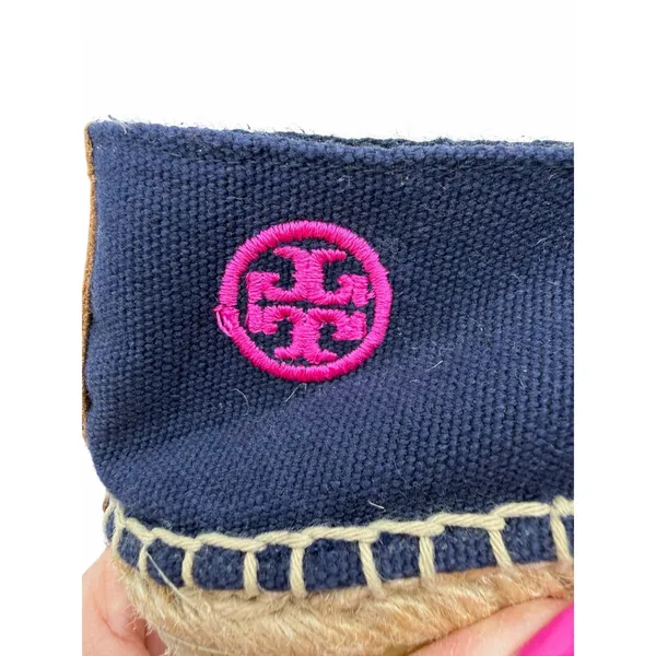 Tory Burch Colorblock Pink Navy Canvas Espadrille Flats Jute Double T Logo Sz 9 - Image 9