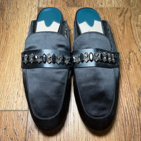 Libby Edelman Piper Black Satin Jeweled Mules Pointed Toe Flats‎ Size 9M - Image 4