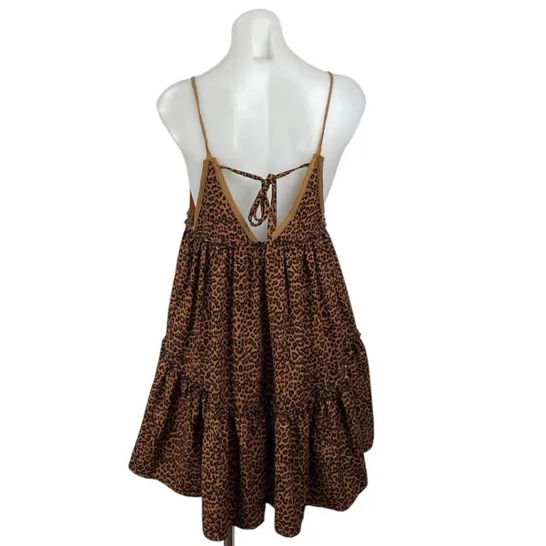 Vestique Brown Leopard Animal Print Sleeveless Tiered Swing A Line Mini Dress S - Image 4