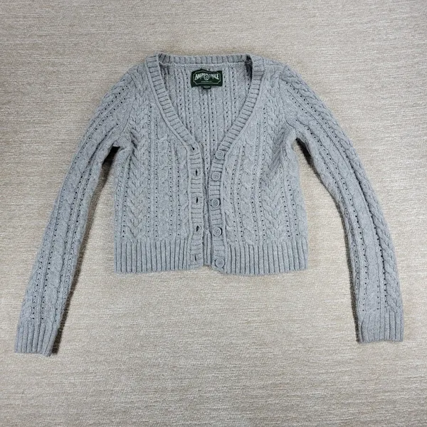 American Eagle Cable Knit Cardigan Sweater XS Gray Crop Button Front Soft Cozy - Image 7