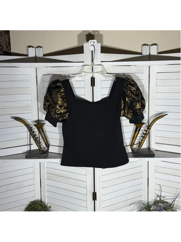 Vintage Y2K black gold brocade top puffed cocktail elegant whimsigoth glam M - Image 2
