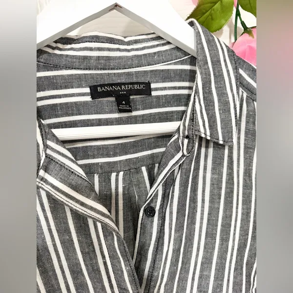 Banana Republic Gray White Coastal Linen Blend Preppy Size 4 Striped Shirt Dress - Image 3