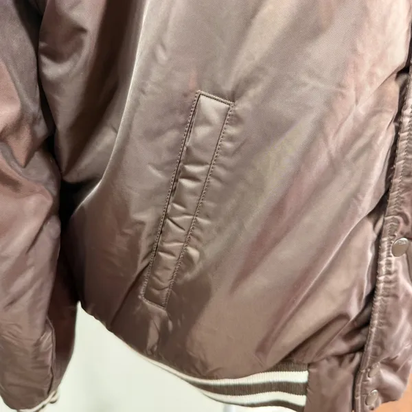 Tna Aritzia Stadium Jacket Brown Satin Varsity Bomber Striped Trim Women XL - Image 11