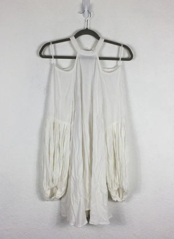 Free People Drift Away White Cold Shoulder Balloon Sleeves Tunic Dress Medium - Image 4