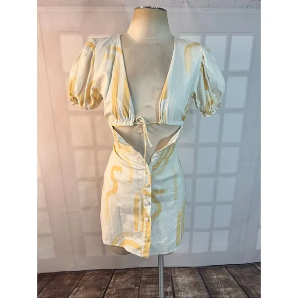 Sabo Skirt White Linen Cotton Button Down Puffed Sleeve Mini Dress Size XS - Image 3