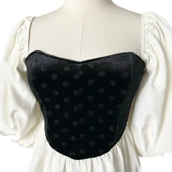 NEW For Love & Lemons Black White Velvet Polka Dot Puff Sleeve Mini Dress XS - Image 3