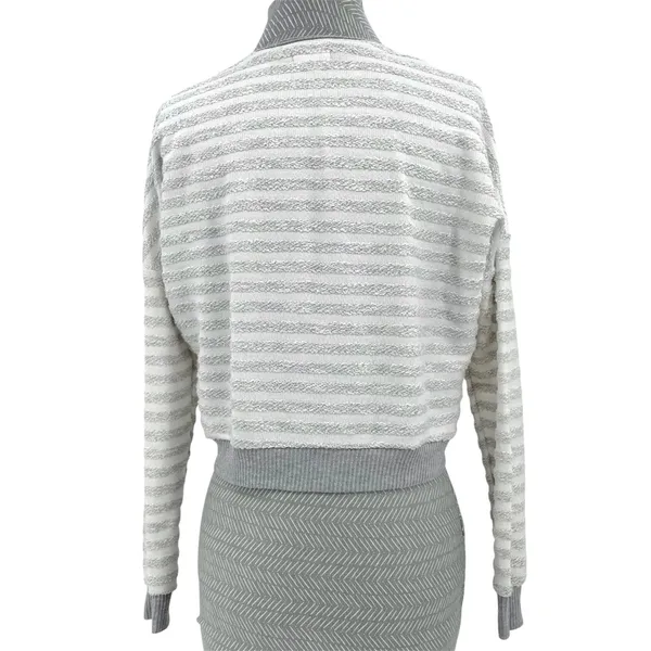 Maison Jules Sweater Gray Striped Cropped Knit Cardigan Coastal Academia Preppy - Image 2