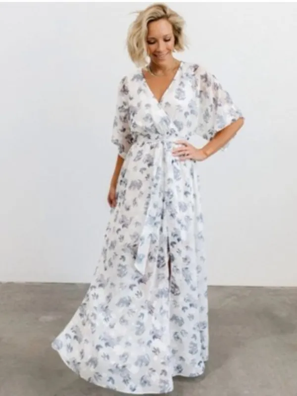 Baltic Born Luca Jacquard Kimono Slate Blue Floral White Short Sleeve Maxi - Image 2
