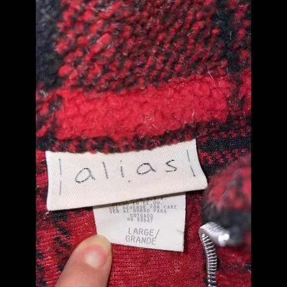 Vtg Alias Red Plaid Fleece Jacket Women L 80 Or 90s Made In USA 1/4 Zip‎ - Image 2