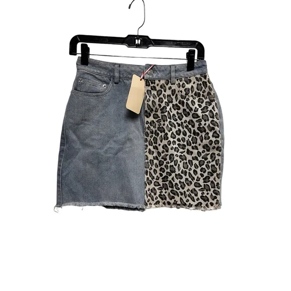 Entro Blue Denim Leopard Print Colorblock Mini Skirt Raw‎ Hem Small NWT - Image 2