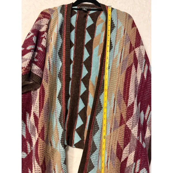 Eddie Bauer Southwestern Geometric Open Front‎ Cardigan Sweater Burgundy Teal L - Image 3