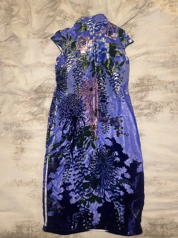 Blue Floral Cheongsam Midi Dress Size M - Image 5