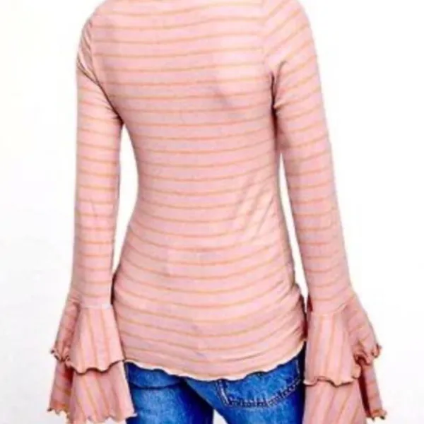 Free People We The Free Bell Sleeve Striped Pink Scoop Neck Top Small - Image 3
