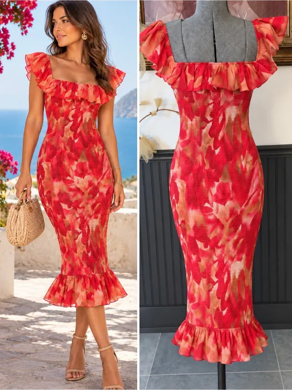 Sage + Paige Floral Smocked Ruffle Off Shoulder Midi Dress Red Sz S🧡🍄 - Image 2