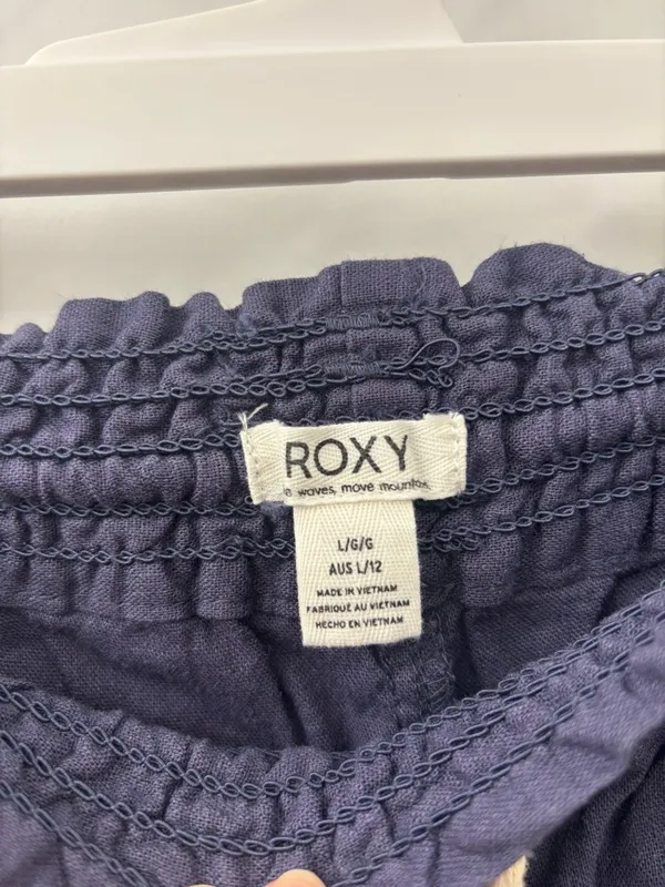 Roxy Oceanside Navy Blue Linen Drawstring Flare Pants Size L - Image 6