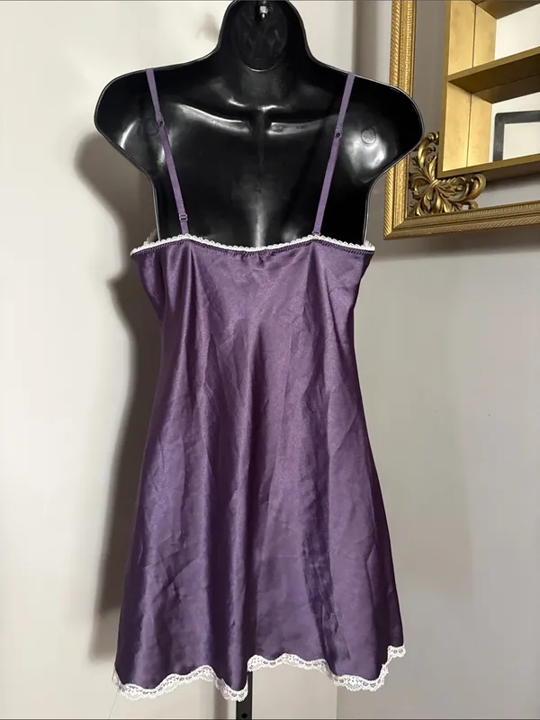 Victoria's Secret VINTAGE Medium Purple Satin Slip Dress with White Lace Trim - Image 3