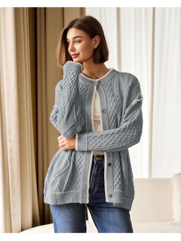 NEW Cable Knit Oversized Cardigan Button Up Striped Sweater S - Image 9