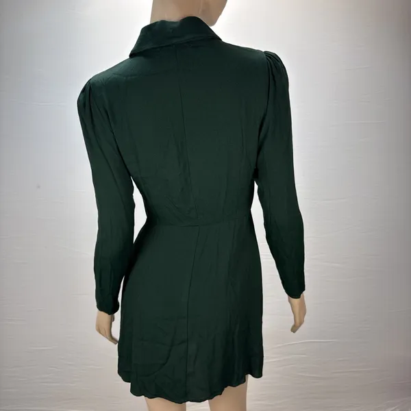 Reformation‎ Hugh Mini Shirt Dress Size 2 Forest Green Gold Buttons Long Sleeve - Image 4