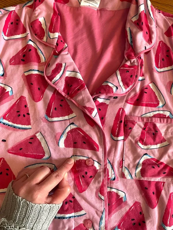 MUNKI MUNKI Pink White Blue Watermelon Fruit Print Short Sleeve Pajama SHIRT PJs - Image 13