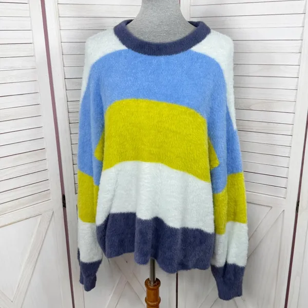 Aerie Flurry Rugby Stripes Fuzzy Oversized Crew Neck Sweater Blue Green Medium‎ - Image 2