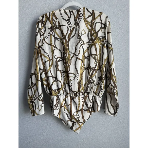 Zara Equestrian Chain Link Print Wrap Bodysuit Blouse Top Gold Brown Ivory Sz M - Image 10