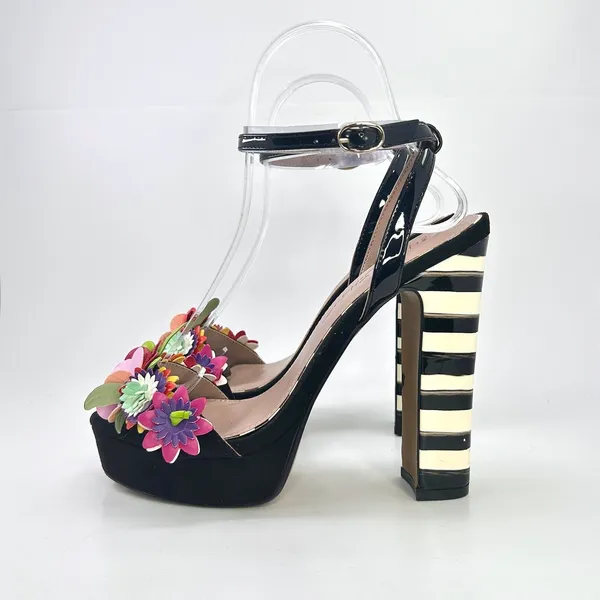 Betsey Johnson Carra Platform Heels Size 9 Black Floral Striped Cocktail Sandals - Image 6