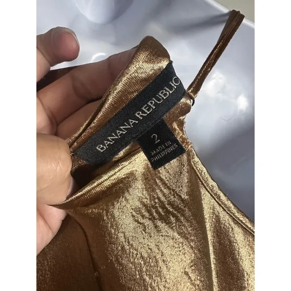 Banana‎ Republic Gold Metallic Cowl Neck Bias Cut Midi Slip Dress Size 2 Holiday - Image 4