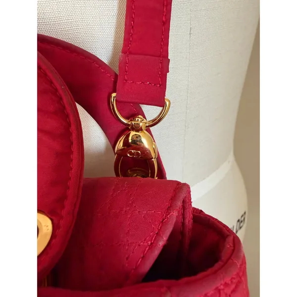 Vintage Christian Dior Lady Dior Red Cannage Nylon Canvas Bag w/ Strap - Image 4
