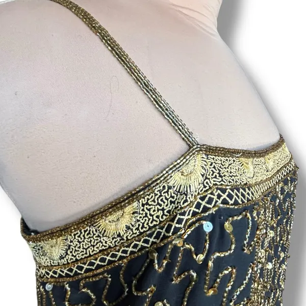 Vintage Beaded Black Gold Drop Waist Metallic Sequin Cocktail Dress Sleeveless 4 - Image 12