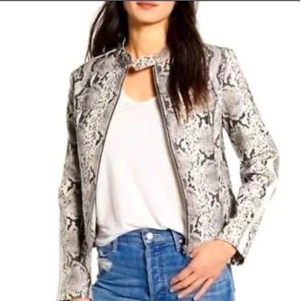 BB Dakota Moto Jacket Women XS Grey Snakeskin Faux Leather Biker Streetwear Edgy - Image 2