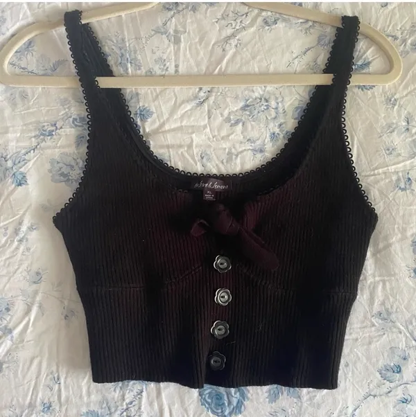 For Love and Lemons Pointelle Knit Crop Top Black Flower Ribbed Bow Coquette - Image 4