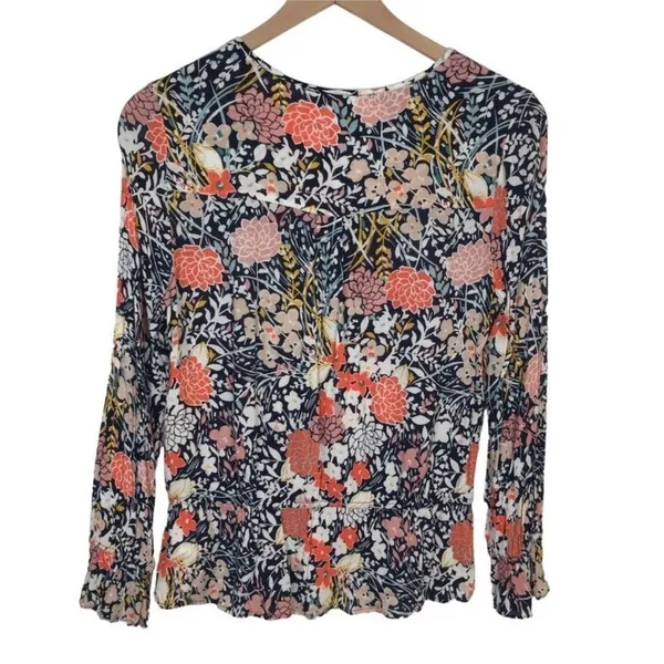Anthropologie MAEVE PUFF SLEEVE BEGONIA PEPLUM FLORAL COTTAGE TASSEL TIES TOP M - Image 3