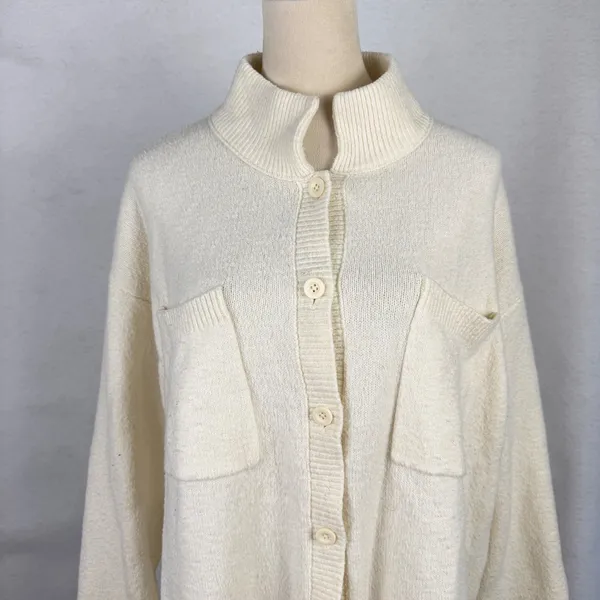 Aerie Button Front Cardigan Womens Small Mock Neck Pocket Knit Cream Oversized - Image 2