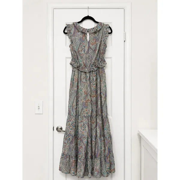 &Merci Paisley Ruffle Cutout Tiered Maxi Dress Olive Green Orange Holiday NWT M - Image 4