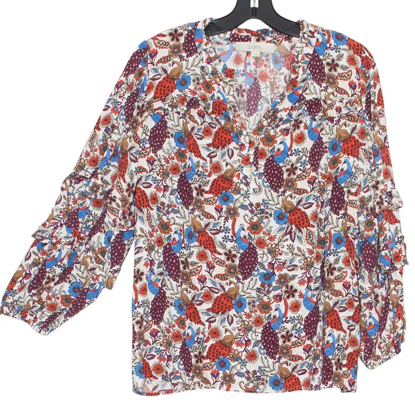 Loft Top Peacock Ruffle Boho Romantic Cottagecore Tiered Sleeve Floral Medium - Image 6