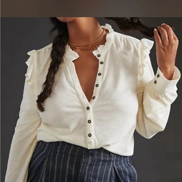 Anthropologie Pilcro Cream Ruffle-Shoulder Henley Long-Sleeve Top - Image 4