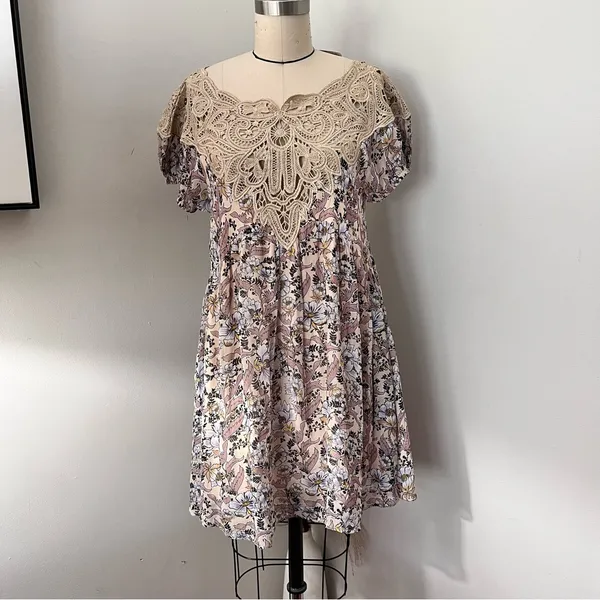 Free People Margot Ivory Printed Mini Dress with Lace Trim Size Extra Small $168 - Image 6