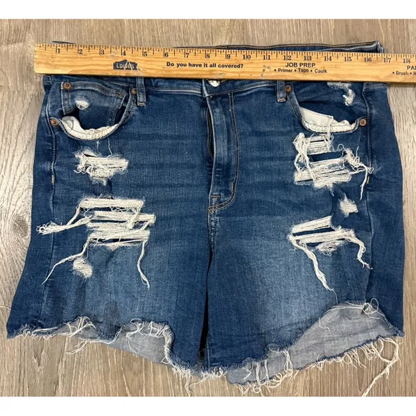 American Eagle High V-Rise Shortie Distressed Denim Shorts Size 16 Blue Stretch - Image 6