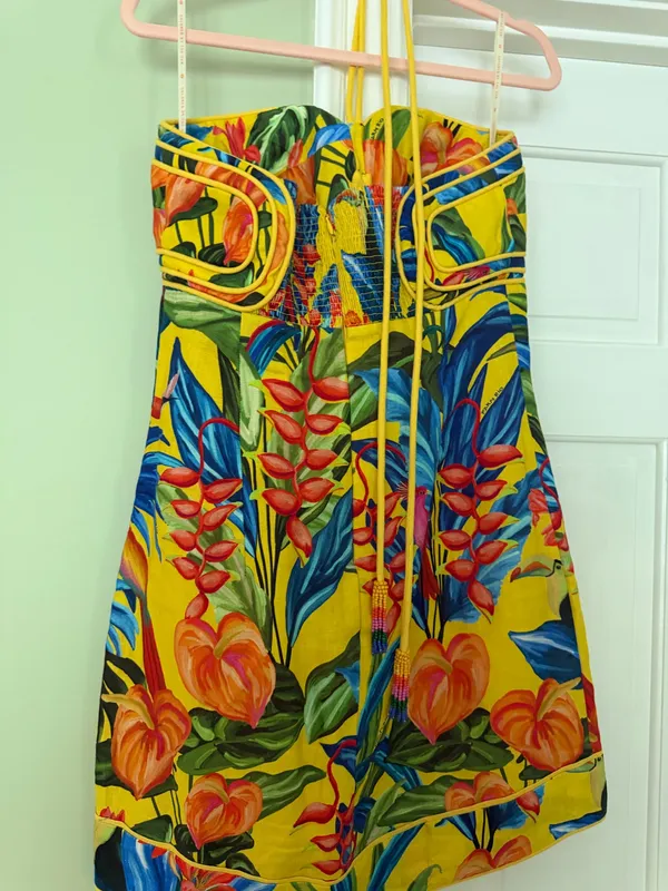 Farm Rio yellow tropical bright nature linen halter dress - Image 2