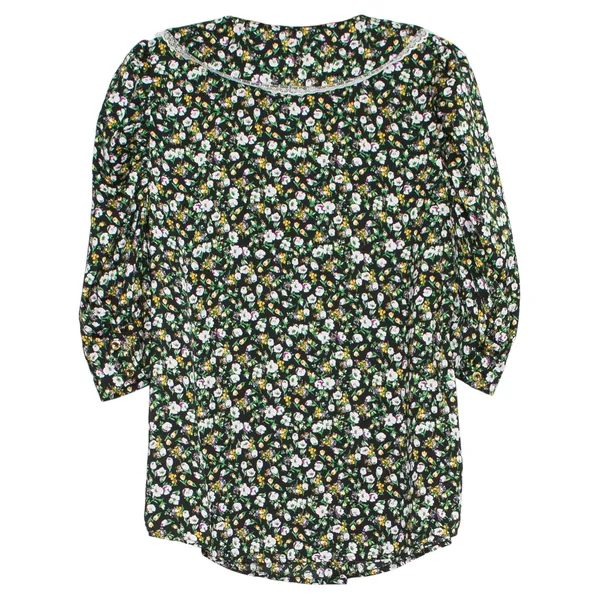 H by Halston Top Ditsy Floral Peter Pan Collar Lace Trim Cottage Button Black Medium - Image 2