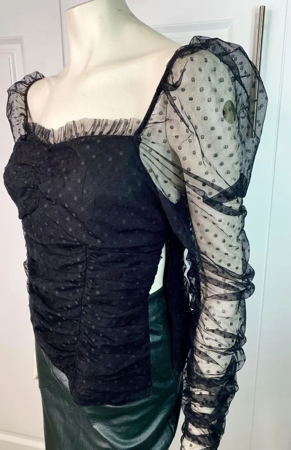 VICI Benefit Polka Dot Ruched Gathered Sleeve Mesh Tulle Top by Free the Roses - Image 15