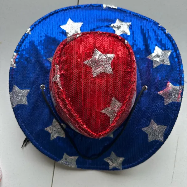 Cowboy hat red white and blue with stars Blingy Womans Hat - Image 2